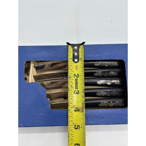 Vintage Steak Knives Set of 6 Black Scroll Crown Handles Stainless Japan - Picture 3 of 7